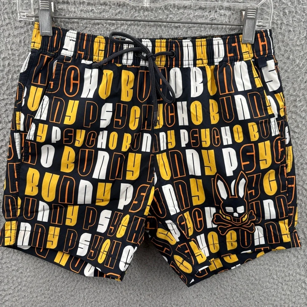 Psycho Bunny Swim‎ Trunks Mens XXS Black Yellow Logo Print Drawstring Mesh Lined